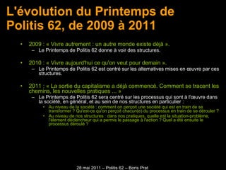 L'évolution du Printemps de Politis 62, de 2009 à 2011 ,[object Object],[object Object],[object Object],[object Object],[object Object],[object Object],[object Object],[object Object]