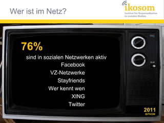 Wer ist im Netz?



   76%
    sind in sozialen Netzwerken aktiv
                   Facebook
              VZ-Netzwerke
                  Stayfriends
              Wer kennt wen
                        XING
                      Twitter
                                        2011
                                        BITKOM
 