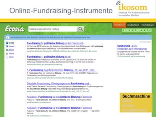 Online-Fundraising-Instrumente




                                 Suchmaschine
                                 dofair
                                 Ecosia
                                 GoogleGrants
 