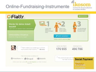 Online-Fundraising-Instrumente




                                 Social Payment
                                 Flattr
                                 Kachingle
                                 YourCent
 