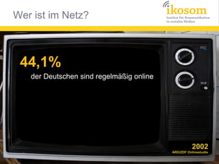 Wer ist im Netz?



 44,1%
   der Deutschen sind regelmäßig online




                                                     2002
                                          ARD/ZDF Onlinestudie
 