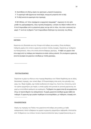 14
6: Αναπήδηση στο δεξί με άρση του αριστερού, μπροστά λυγισμένου.
7: Το αριστερό πόδι έρχεται και πατά δεξιά, σταυρωτά μπροστά από το δεξί.
8: Το δεξί κοντά στο αριστερό στην προσοχή.
Ο Αθ. Μπίκος, απ’ όπου προέρχεται η σχηματική περιγραφή 13 σημειώνει ότι στο τρίτο
μοτίβο του χορογραφήματος, λόγω τεχνικής δυσχέρειας, η κίνηση του δεξιού ποδιού από το
6 στο 8 σημειώθηκε από το μπροστινό μέρος και όχι από το πίσω, που είναι η κανονική του
φορά. Γι’ αυτό και τα βήματα 7 και 8 σημειώθηκαν δεξιότερα της κανονικής τους θέσης.

------------------------ΚΑΓΚΕΛΙ
Χορεύεται στη Θεσσαλία και στην Ήπειρο από άνδρες και γυναίκες. Είναι ελεύθερος
πηδηχτός χορός στον οποίο οι χορευτές εκτελούν πολλές στροφές. Χορεύεται με τα βήματα
του Καλαματιανού, πάνω στα οποία γίνονται διάφορες φιγούρες. Η λαβή των χεριών είναι
στην αρχή από τις παλάμες και πιασμένοι σε κύκλο τελείως κλειστό. Στη συνέχεια οι χορευτές
γίνονται ζευγάρια και χορεύουν ελεύθερα με πολλές φιγούρες.

-------------------------

ΡΟΥΓΚΑΤΣΙΑΡΙΚΟ
Χορεύεται τη μέρα των Φώτων στην περιοχή Φαρσάλων στο Πεδινό Καρδίτσας και σε άλλες
Θεσσαλικές περιοχές, σαν τοπικό έθιμο. Ο Ρουγκατσιάρης είναι αυτός που χλευάζει τους
γύρω του. Φορά προβιές, έχει πολλά κουδούνια στο λαιμό του. Αυτοί που ντύνονται μ αυτό
τον τρόπο σχηματίζουν μια παρέα, η οποία γυρίζει από γειτονιά σε γειτονιά χορεύοντας τον
χορό με ανταπόδοση φιλέματα και κεράσματα. Τα βήματα του χορού είναι έξι και χορεύονται
όπως τα πρώτα βήματα του καλαματιανού. Ο χορός χορεύεται ελεύθερα (χωρίς λαβή) και
πηδηχτά. Ο χορευτής έχει μεγάλο περιθώριο να αυτοσχεδιάσει, με πηδήματα, στροφές κλπ.
------------------------ΠΗΛΙΟΡΕΙΤΙΚΟΣ
Χορός της περιοχής του Πηλίου που χορεύεται από άνδρες και γυναίκες με λαβή
καλαματιανού. Κατά τη διάρκεια του χορού οι χορευτές σχηματίζουν λαβύρινθο. Αποτελείται
από 12 βήματα εκ των οποίων τα οκτώ πρώτα εκτελούνται προς τη φορά ξεκινώντας με το

 