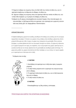 17
7: Έρχεται το βάρος του σώματος πάνω στο δεξί πόδι που πατάει στη θέση του, ενώ το
αριστερό στηρίζεται με τα δάχτυλα στο έδαφος, στη θέση του.
8: Έρχεται το βάρος του σώματος πάνω στο αριστερό πόδι που πατάει στη θέση του, ενώ
το δεξί πόδι στηρίζεται με τη φτέρνα στο έδαφος στη θέση του.
Τα βήματα του Β’ μέρους επαναλαμβάνονται συνολικά 4 φορές. Στην τελευταία φορά, στο
τελευταίο βήμα, το δεξί έρχεται δίπλα στο αριστερό, στην προσοχή και οι χορευτές γίνονται
πάλι ένας κύκλος (βλ. και «Αραχωβίτικο» Πελοποννήσου.
------------------------ΑΡΒΑΝΙΤΟΒΛΑΧΙΚΟ
Ο Αρβανιτοβλάχικος χορεύεται συνήθως ελεύθερα από άνδρες και γυναίκες και στη συνέχεια
σχηματίζουν ζευγάρια. Η κίνηση των χεριών στους άνδρες είναι ελεύθερη, φέρνοντας πάντα
μπροστά ίδιο χέρι και πόδι, ή έχουν τα χέρια τους πιασμένα στη μεσολαβή. Όταν γίνονται
ζευγάρια, η γυναίκα βρίσκεται από την εσωτερική πλευρά του κύκλου. Οι χορευτές πιάνονται
με τα χέρια λυγισμένα στο ύψος του κεφαλιού, ενώ τα εξωτερικά τους χέρια, αριστερό για τη
γυναίκα και δεξί για τον άντρα, βρίσκονται στη μεσολαβή και ελεύθερα ψηλά αντίστοιχα. Το
χορευτικό μοτίβο του χορού αποτελείται από δύο τεσσάρια, εκ των οποίων το πρώτο αρχίζει
με το αριστερό και το δεύτερο από το δεξί.
Τα βήματα είναι τα εξής:
Α΄ ΜΟΤΙΒΟ
1: Αναπήδηση στο αριστερό ενώ το δεξί κάνει άρση, λυγισμένο
μπροστά.
2: Το δεξί πατάει μπροστά από το αριστερό που σηκώνεται λίγο
από το έδαφος.
3: Το αριστερό πατάει ξανά στη θέση του, ενώ το δεξί σηκώνεται
λίγο από το έδαφος.
4: Το δεξί πατάει στη θέση του
Β΄ ΜΟΤΙΒΟ
Επαναλαμβάνουμε τις ίδιες κινήσεις, αντίστροφα.

ΤΡΑΓΟΥΔΙΑ ΚΑΙ ΧΟΡΟΙ ΤΗΣ ΕΠΑΡΧΙΑΣ ΕΛΑΣΣΟΝΑΣ

 