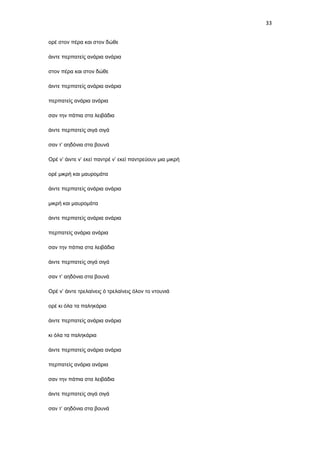 33
ορέ στον πέρα και στον δώθε
άιντε περπατείς ανάρια ανάρια
στον πέρα και στον δώθε
άιντε περπατείς ανάρια ανάρια
περπατείς ανάρια ανάρια
σαν την πάπια στα λειβάδια
άιντε περπατείς σιγά σιγά
σαν τ’ αηδόνια στα βουνά
Ορέ ν’ άιντε ν’ εκεί παντρέ ν’ εκεί παντρεύουν μια μικρή
ορέ μικρή και μαυρομάτα
άιντε περπατείς ανάρια ανάρια
μικρή και μαυρομάτα
άιντε περπατείς ανάρια ανάρια
περπατείς ανάρια ανάρια
σαν την πάπια στα λειβάδια
άιντε περπατείς σιγά σιγά
σαν τ’ αηδόνια στα βουνά
Ορέ ν’ άιντε τρελαίνεις ό τρελαίνεις όλον το ντουνιά
ορέ κι όλα τα παληκάρια
άιντε περπατείς ανάρια ανάρια
κι όλα τα παληκάρια
άιντε περπατείς ανάρια ανάρια
περπατείς ανάρια ανάρια
σαν την πάπια στα λειβάδια
άιντε περπατείς σιγά σιγά
σαν τ’ αηδόνια στα βουνά

 