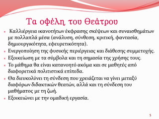 Τα οφέλη του θεάτρου
 Καλλιέργεια ικανοτήτων έκφρασης σκέψεων και συναισθηµάτων
µε πολλαπλά µέσα (ανάλυση, σύνθεση, κριτική, φαντασία,
δηµιουργικότητα, εφευρετικότητα).
 Ενεργοποίηση της φυσικής περιέργειας και διάθεσης συµµετοχής.
 Εξοικείωση µε τα σύµβολα και τη σηµασία της χρήσης τους.
 Το µάθηµα θα είναι κατανοητό ακόµα και σε µαθητές από
διαφορετικά πολιτιστικά επίπεδα.
 Θα διευκολύνει τη σύνδεση που χρειάζεται να γίνει µεταξύ
διαφόρων διδακτικών θεατών, αλλά και τη σύνδεση του
µαθήµατος µε τη ζωή.
 Εξοικειώνει µε την οµαδική εργασία.
5
 