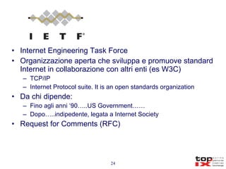 Internet Engineering Task Force Organizzazione aperta che sviluppa e promuove standard Internet in collaborazione con altri enti (es W3C) TCP/IP Internet Protocol suite. It is an open standards organization Da chi dipende: Fino agli anni ‘90…..US Government…… Dopo…..indipedente, legata a Internet Society Request for Comments (RFC)  