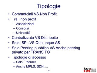 Tipologie Commerciali VS Non Profit Tra i non profit Associazioni Consorzi Università Centralizzato VS Distribuito Solo ISPs VS Qualunque AS Solo Peering pubblico VS Anche peering privato per TRANSITO Tipologie di accesso Solo Ethernet Anche MPLS, SDH…. 
