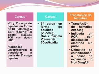 Transfusión de
     Cargas              Cargas
                                           hematíes
•1ª y 2ª carga de    • 3ª carga en      • Transfusión
líquidos en forma      forma       de     de hematíes
de SF (20cc/kg) ó      coloides           20cc/Kg
SSH (5cc/Kg) si        (20cc/kg).
existe    asociado                      • Indicada     en
TCE con     signos     Dosis máxima       PCR        con
HTE.                   Voluven®:          disociación
                       50cc/kg/día        eléctrica sin
•Fármacos                                 pulso.
vasopresores: a                         • Dificultad de
considerar       a                        estabilización
partir de 3ª carga                        a pesar de
líquidos                                  expansión o
                                          Hb< 5 mg/dl.
 