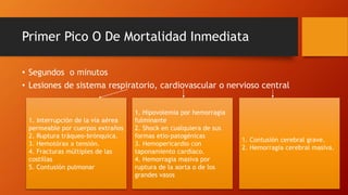 Primer Pico O De Mortalidad Inmediata
• Segundos o minutos
• Lesiones de sistema respiratorio, cardiovascular o nervioso central
1. Interrupción de la vía aérea
permeable por cuerpos extraños
2. Ruptura tráqueo-brónquica.
3. Hemotórax a tensión.
4. Fracturas múltiples de las
costillas
5. Contusión pulmonar
1. Contusión cerebral grave.
2. Hemorragia cerebral masiva.
1. Hipovolemia por hemorragia
fulminante
2. Shock en cualquiera de sus
formas etio-patogénicas
3. Hemopericardio con
taponamiento cardíaco.
4. Hemorragia masiva por
ruptura de la aorta o de los
grandes vasos
 