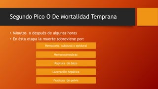 Segundo Pico O De Mortalidad Temprana
• Minutos o después de algunas horas
• En ésta etapa la muerte sobreviene por:
Hematoma subdural o epidural
Hemoneumotórax
Laceración hepática
Ruptura de bazo
Fractura de pelvis
 