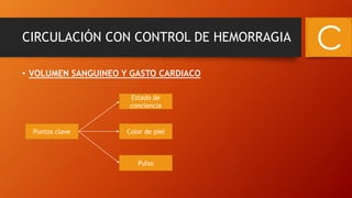 CIRCULACIÓN CON CONTROL DE HEMORRAGIA
• VOLUMEN SANGUINEO Y GASTO CARDIACO
C
Puntos clave
Pulso
Color de piel
Estado de
conciencia
 