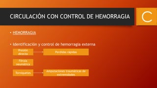 CIRCULACIÓN CON CONTROL DE HEMORRAGIA
• HEMORRAGIA
• Identificación y control de hemorragia externa
C
Presión
directa
Férula
neumática
Torniquetes
Perdidas rápidas
Amputaciones traumáticas de
extremidades
 