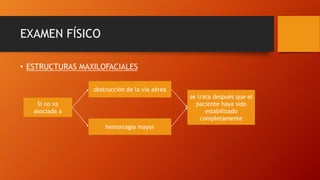 EXAMEN FÍSICO
• ESTRUCTURAS MAXILOFACIALES
Si no va
asociada a
obstrucción de la vía aérea
hemorragia mayor
se trata después que el
paciente haya sido
estabilizado
completamente
 