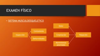 EXAMEN FÍSICO
• SISTEMA MUSCULOESQUELETICO
Palpación
Movimientos
anormales
Deformidades
Contusiones
CrepitaciónInspección
Dolor
 
