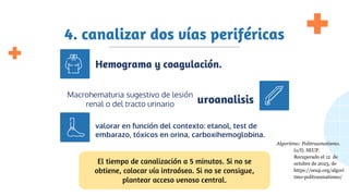 4. canalizar dos vías periféricas
valorar en función del contexto: etanol, test de
embarazo, tóxicos en orina, carboxihemoglobina.
Macrohematuria sugestivo de lesión
renal o del tracto urinario
Hemograma y coagulación.
uroanalisis
El tiempo de canalización a 5 minutos. Si no se
obtiene, colocar vía intraósea. Si no se consigue,
plantear acceso venoso central.
Algoritmo: Politraumatismo.
(s/f). SEUP.
Recuperado el 12 de
octubre de 2023, de
https://seup.org/algori
tmo-politraumatismo/
 