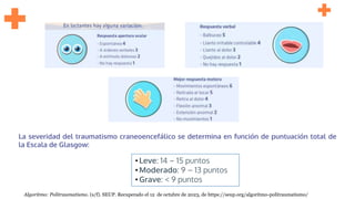 La severidad del traumatismo craneoencefálico se determina en función de puntuación total de
la Escala de Glasgow:
• Leve: 14 – 15 puntos
• Moderado: 9 – 13 puntos
• Grave: < 9 puntos
Algoritmo: Politraumatismo. (s/f). SEUP. Recuperado el 12 de octubre de 2023, de https://seup.org/algoritmo-politraumatismo/
 