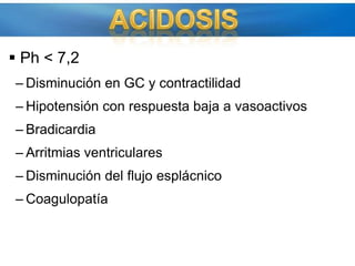 HIPOTERMIA Tº &lt;36 Mortalidad si Tº &lt; 34ºC Disfunción cardiovascularDisfunción respiratoriaGenera acidosis metabólicaCoagulopatía aún con adecuado reemplazoDaño en respuesta inmuneAlteración circulación mesentérica¿Dónde Medir ?Esófago distal, membrana timpánica o CAPLa mayor pérdida de calor resulta de la reanimación con LEVLa anestesia altera termorregulación y redistribuye el calorInjury. 2004 Jul; 35(7):713-22.Current Anaesthesia & Critical Care (2001) 12,87d95