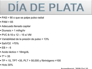 COAGULOPATÍA – Manejo  Factor VII recombinanteBien tolerado y posiblemente efectivo en pacientes con coagulopatía asociada a traumaDisminución en TP y en la necesidad de trasfusión sin disminución en la mortalidadRequiere PLT &gt; 50,000, Ph &gt;7,2 y fibrinógeno &gt; 500 mg/LOpción en pacientes con trauma que no respondan a protocolo de transfusiónmasiva (90 mcg/kg x 1 dosis).ArchSurg 2008;143:686–91J Trauma 2005; 58:1298–1303Injury 2008; 39: 1054–1061J Trauma 2004; 57:709— 719.Crit Care Clin 20 (2004) 13– 24Current Opinion in Critical Care 2005, 11:590— 597British Journal of Anaesthesia 95 (2): 130–9 (2005)