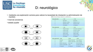 D: neurológico
• mediante una exploración somera para valorar la necesidad de intubación (y administración de
manitol):
• nivel de conciencia
• estado pupilar
 