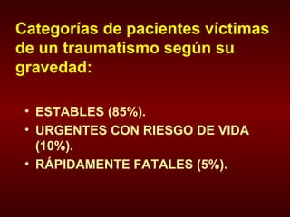 Categorías de pacientes víctimas de un traumatismo según su gravedad: ESTABLES (85%). URGENTES CON RIESGO DE VIDA (10%). RÁPIDAMENTE FATALES (5%). 
