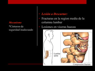 Lesión a Descartar: Fracturas en la region media de la columna lumbar Lesiones en viceras huecasMecanismo*Cinturon de seguridad inadecuado