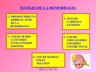 Dr. Eugenio Vargas Carbajal
CMP 11161 - RNE 4368
MANEJO DE LA HEMORRAGIA
1.- PRESION DIRECTA
SOBRE EL SITIO
DE LA
HEMORRAGIA
2.- MASAJE
CARDIACO
EXTERNO
3.- COLOCAR DOS
CATETERES
INTRAVENOSOS
GRUESOS
4.- USO DE :
CRISTALOIDES
COLOIDES
SANGRE TOTAL
5.- USO DE SONDAS:
FOLEY
NELATON
 