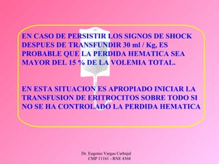 Dr. Eugenio Vargas Carbajal
CMP 11161 - RNE 4368
EN CASO DE PERSISTIR LOS SIGNOS DE SHOCK
DESPUES DE TRANSFUNDIR 30 ml / Kg, ES
PROBABLE QUE LA PERDIDA HEMATICA SEA
MAYOR DEL 15 % DE LA VOLEMIA TOTAL.
EN ESTA SITUACION ES APROPIADO INICIAR LA
TRANSFUSION DE ERITROCITOS SOBRE TODO SI
NO SE HA CONTROLADO LA PERDIDA HEMATICA
 