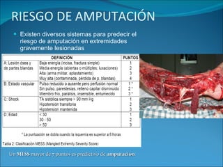 RIESGO DE AMPUTACIÓN Existen diversos sistemas para predecir el riesgo de amputación en extremidades gravemente lesionadas Un  MESS  mayor de  7  puntos es predictivo de  amputación 