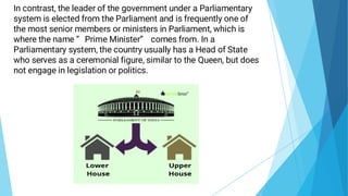 In contrast, the leader of the government under a Parliamentary
system is elected from the Parliament and is frequently one of
the most senior members or ministers in Parliament, which is
where the name “ Prime Minister” comes from. In a
Parliamentary system, the country usually has a Head of State
who serves as a ceremonial figure, similar to the Queen, but does
not engage in legislation or politics.
 