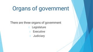 Organs of government
There are three organs of government
Legislature
Executive
Judiciary
 