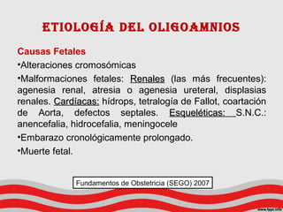 Etiología dEl oligoamnios
Causas Fetales
•Alteraciones cromosómicas
•Malformaciones fetales: RenalesRenales (las más frecu...