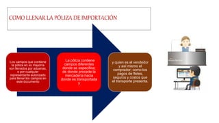 COMOLLENARLAPÓLIZADE IMPORTACIÓN
Los campos que contiene
la póliza en su mayoría
son llenados por aduanas,
o por cualquier
representante autorizado
para llenar los campos en
este documento
. La póliza contiene
campos diferentes
donde se especifica;
de donde procede la
mercadería hacia
donde es transportada
y
y quien es el vendedor
y así mismo el
comprador; como los
pagos de fletes,
seguros y costos que
el transporte presenta.
 