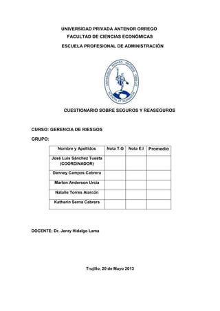 UNIVERSIDAD PRIVADA ANTENOR ORREGO
FACULTAD DE CIENCIAS ECONÓMICAS
ESCUELA PROFESIONAL DE ADMINISTRACIÓN
CUESTIONARIO SOBRE SEGUROS Y REASEGUROS
CURSO: GERENCIA DE RIESGOS
GRUPO:
Nombre y Apellidos Nota T.G Nota E.I Promedio
José Luis Sánchez Tuesta
(COORDINADOR)
Danney Campos Cabrera
Marlon Anderson Urcia
Natalie Torres Alarcón
Katherin Serna Cabrera
DOCENTE: Dr. Jenry Hidalgo Lama
Trujillo, 20 de Mayo 2013
 