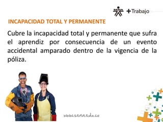 INCAPACIDAD TOTAL Y PERMANENTE 
Cubre la incapacidad total y permanente que sufra 
el aprendiz por consecuencia de un evento 
accidental amparado dentro de la vigencia de la 
póliza. 
 