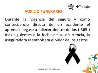AUXILIO FUNERARIO 
Durante la vigencia del seguro y como 
consecuencia directa de un accidente el 
aprendiz llegase a fallecer dentro de los ( 365 ) 
días siguientes a la fecha de su ocurrencia, la 
aseguradora reembolsara el valor de los gastos. 
 