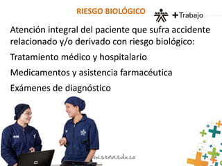 RIESGO BIOLÓGICO 
Atención integral del paciente que sufra accidente 
relacionado y/o derivado con riesgo biológico: 
Tratamiento médico y hospitalario 
Medicamentos y asistencia farmacéutica 
Exámenes de diagnóstico 
 