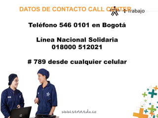 DATOS DE CONTACTO CALL CENTER 
Teléfono 546 0101 en Bogotá 
Línea Nacional Solidaria 
018000 512021 
# 789 desde cualquier celular 
 