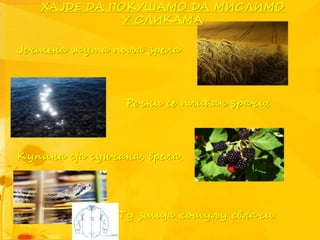 Јечмена жута поља зрела
Речни се плићак зрачи;
Купина сја сунчана, врела,
Ту змија кошуљу свлачи.
ХАЈДЕ ДА ПОКУШАМО ДА МИСЛИМО
У СЛИКАМА
 