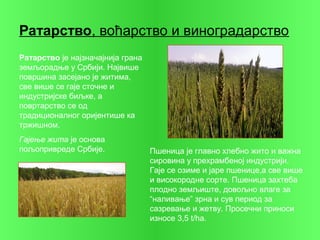 Ратарство, воћарство и виноградарство
Ратарство је најзначајнија грана
земљорадње у Србији. Највише
површина засејано је житима,
све више се гаје сточне и
индустријске биљке, а
повртарство се од
традиционалног оријентише ка
тржишном.
Гајење жита је основа
пољопривреде Србије. Пшеница је главно хлебно жито и важна
сировина у прехрамбеној индустрији.
Гаје се озиме и јаре пшенице,а све више
и високородне сорте. Пшеница захтеба
плодно земљиште, довољно влаге за
“наливање” зрна и сув период за
сазревање и жетву. Просечни приноси
износе 3,5 t/ha.
 