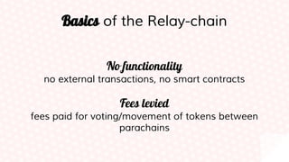 Basics of the Relay-chain
No functionality
no external transactions, no smart contracts
Fees levied
fees paid for voting/movement of tokens between
parachains
 
