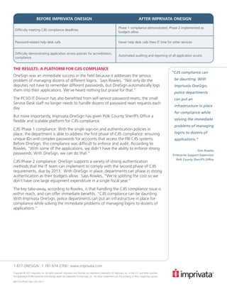 BEFORE IMPRIVATA ONESIGN                                                                                    AFTER IMPRIVATA ONESIGN

                                                                                                              Phase 1 compliance demonstrated, Phase 2 implemented as
 Difficulty meeting CJIS compliance deadlines
                                                                                                              budgets allow


 Password-related help desk calls                                                                             Fewer help desk calls frees IT time for other services


 Difficulty demonstrating application access policies for accreditation,
                                                                                                              Automated auditing and reporting of all application access
 compliance


THE RESULTS: A PLATFORM FOR CJIS COMPLIANCE                                                                                                                 	
                                                                                                                                                            “CJIS compliance can
OneSign was an immediate success in the field because it addresses the serious
problem of managing dozens of different logins. Says Rowles, “Not only do the                                                                                be daunting. With
deputies not have to remember different passwords, but OneSign automatically logs                                                                            Imprivata OneSign,
them into their applications. We’ve heard nothing but praise for that.”
                                                                                                                                                             police departments
The PCSO IT Division has also benefited from self-service password resets; the small                                                                         can put an
Service Desk staff no longer needs to handle dozens of password reset requests each
                                                                                                                                                             infrastructure in place
day.
                                                                                                                                                             for compliance while
But more importantly, Imprivata OneSign has given Polk County Sheriff’s Office a
flexible and scalable platform for CJIS compliance.                                                                                                          solving the immediate
                                                                                                                                                             problems of managing
CJIS Phase 1 compliance: With the single sign-on and authentication policies in
place, the department is able to address the first phase of CJIS compliance: ensuring                                                                        logins to dozens of
unique IDs and complex passwords for accounts that access the FBI CJIS systems.                                                                              applications.”
Before OneSign, this compliance was difficult to enforce and audit. According to
Rowles, “With some of the applications, we didn’t have the ability to enforce strong                                                                                        -Tom Rowles
passwords. With OneSign, we can do that.”                                                                                                                   Enterprise Support Supervisor
                                                                                                                                                              Polk County Sheriff’s Office
CJIS Phase 2 compliance: OneSign supports a variety of strong authentication
methods that the IT team can implement to comply with the second phase of CJIS
requirements, due by 2013. With OneSign in place, departments can phase in strong
authentication as their budgets allow. Says Rowles, “We’re splitting the cost so we
don’t have one large equipment expenditure in a single fiscal year.”

The key take-away, according to Rowles, is that handling the CJIS compliance issue is
within reach, and can offer immediate benefits. “CJIS compliance can be daunting.
With Imprivata OneSign, police departments can put an infrastructure in place for
compliance while solving the immediate problems of managing logins to dozens of
applications.”




1 877 ONESIGN | 1 781 674 2700 | www.imprivata.com
Copyright © 2011 Imprivata, Inc. All rights reserved. Imprivata and OneSign are registered trademarks of Imprivata, Inc. in the U.S. and other countries.
The Application Profile Generator and OneSign Agent are trademarks of Imprivata, Inc. All other trademarks are the property of their respective owners.

MKT-SS-POLK-Ver1-03-2011
 
