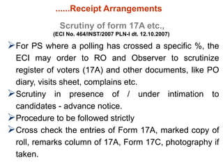 Scrutiny of form 17A etc.,
(ECI No. 464/INST/2007 PLN-I dt. 12.10.2007)
For PS where a polling has crossed a specific %, the
ECI may order to RO and Observer to scrutinize
register of voters (17A) and other documents, like PO
diary, visits sheet, complains etc.
Scrutiny in presence of / under intimation to
candidates - advance notice.
Procedure to be followed strictly
Cross check the entries of Form 17A, marked copy of
roll, remarks column of 17A, Form 17C, photography if
taken.
......Receipt Arrangements
 