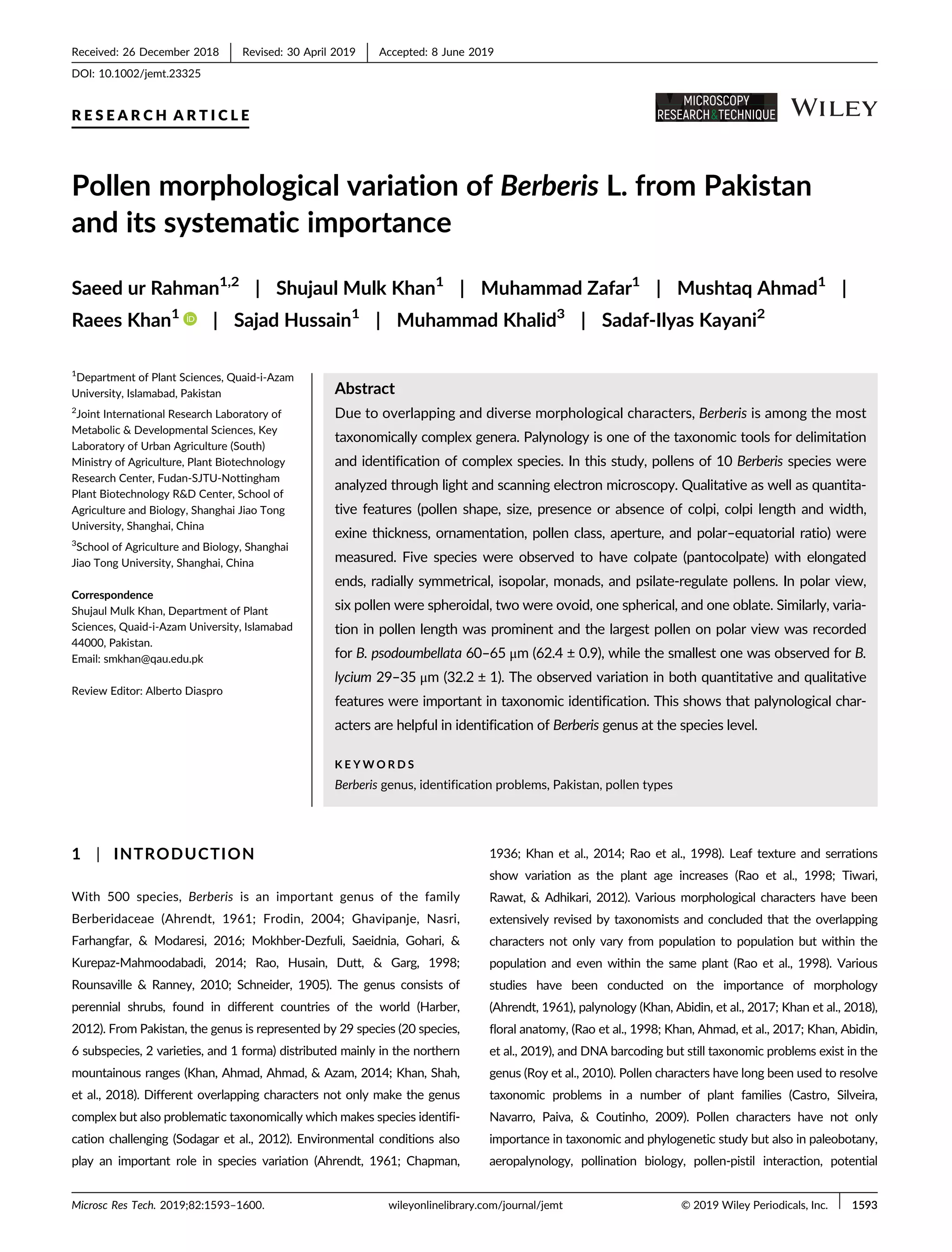 Pollen morphological variation of berberis l. from pakistan and its ...