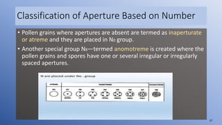 Classification of Aperture Based on Number
• Pollen grains where apertures are absent are termed as inaperturate
or atreme and they are placed in N0 group.
• Another special group N8—termed anomotreme is created where the
pollen grains and spores have one or several irregular or irregularly
spaced apertures.
37
 