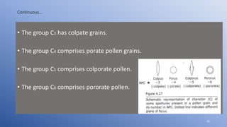 Continuous…
• The group C3 has colpate grains.
• The group C4 comprises porate pollen grains.
• The group C5 comprises colporate pollen.
• The group C6 comprises pororate pollen.
42
 