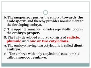 6. The suspensor pushes the embryo towards the
endosperm and thereby provides nourishment to
the developing embryo.
7. The upper terminal cell divides repeatedly to form
the embryo proper.
8. The fully developed embryo consists of radicle,
plumule and one or two cotyledons.
9. The embryo having two cotyledons is called dicot
embryo.
10. The embryo with only cotyledon (scutellum) is
called monocot embryo.
 