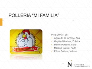 POLLERIA “MI FAMILIA”
INTEGRANTES:
• Acevedo de la Vega, Ana
• Gaytán Sánchez, Zuleika
• Medina Grados, Sofia
• Moreno García, Karla
• Pérez Salinas, Valeria
 