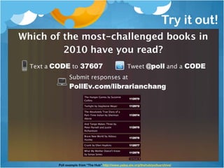 Try it out!




Poll example from “The Hub” http://www.yalsa.ala.org/thehub/pollsarchive/
 