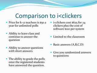 Comparison to i<clickers
 Price for k-12 teachers is $50 a    i<clickers cost $625 for 24
  year for unlimited polls             clickers plus the cost of
                                       software $120 per system
 Ability to leave class and
  continue to answer the              Limited to the classroom
  question
                                      Basic answers (A,B,C,D)
 Ability to answer questions
  with short answers                  Give you randomized answers
                                       to questions
 The ability to grade the polls
  once the registered students
  have answered the question.
 