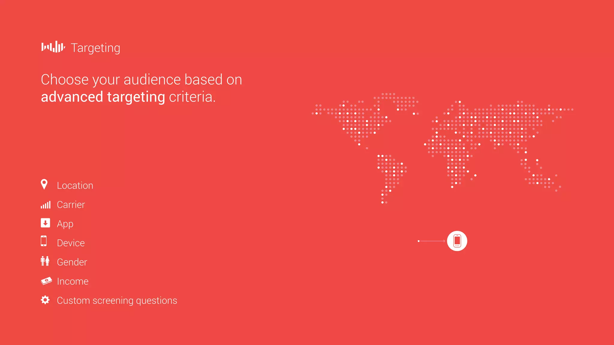 Targeting

Choose your audience based on
advanced targeting criteria.

Location
Carrier
App
Device
Gender
Income
Custom screening questions

 